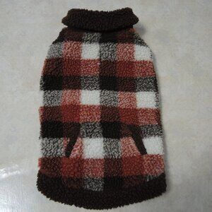 Dog Thick Fleece Coat w/ Pockets Rust Red, Brown & Ivory Check Pattern Size S/M
